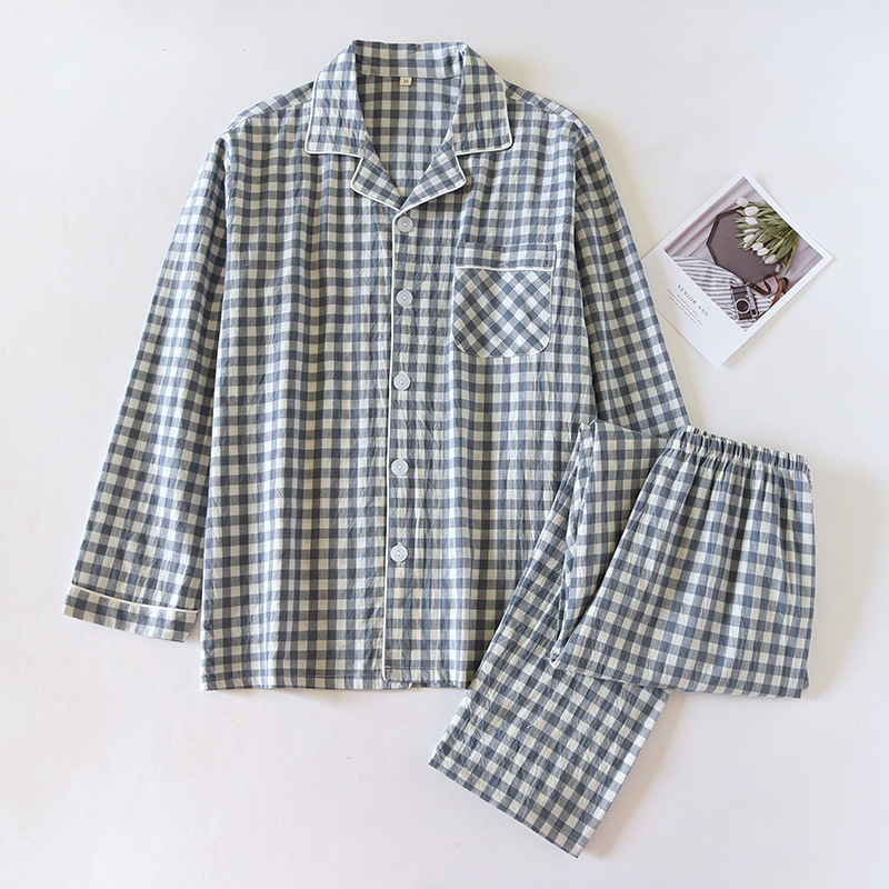 Japanese Style Plaid Couple Pajamas Women's Spring and Autumn Pure Cotton Cotton Thin Summer Men's Autumn and Winter Long Sleeve Home Suit