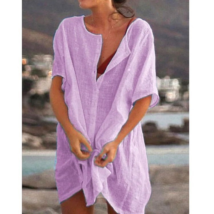 Spot cross-border foreign trade European and American women's shirt multi-color multi-size long loose solid color short sleeve shirt Women