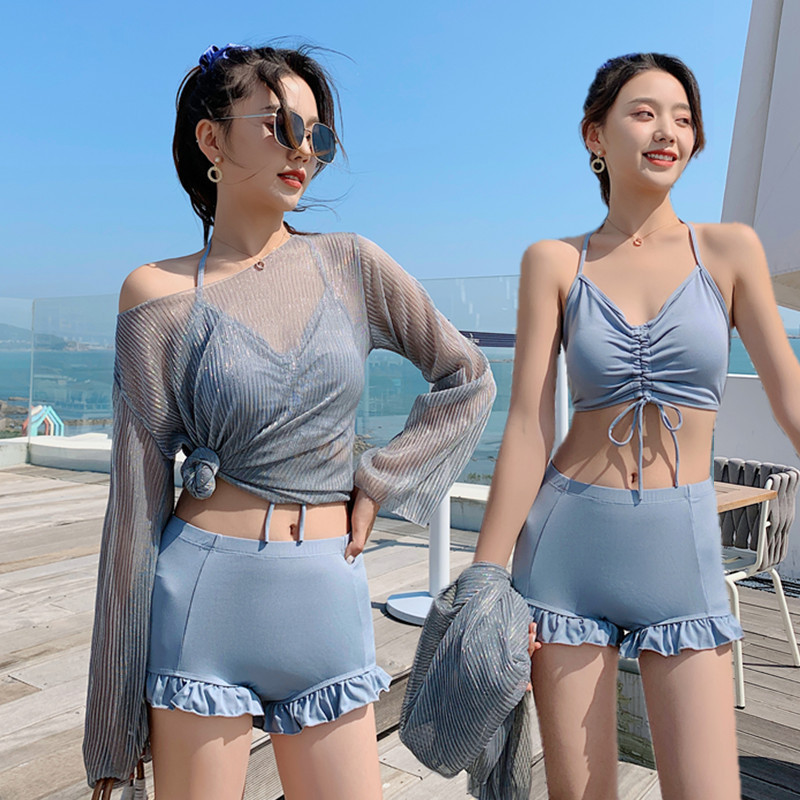 泳衣女韩国ins性感显瘦遮肚分体比基尼三件套长袖2024新款仙女范