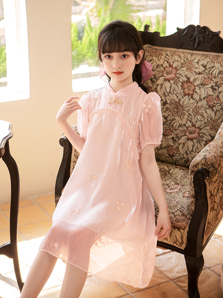 Girls' dress 2023 New Children's Western Style Princess Dress Summer Hanfu Girls' Dress Fake Pearl Skirt