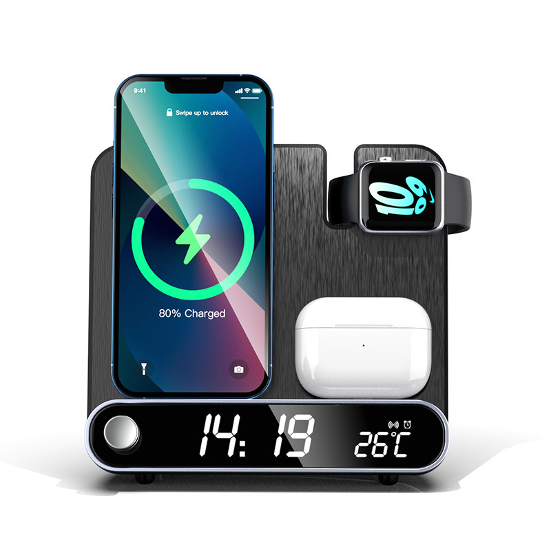 2024 new alarm clock wireless charging three-in-one wireless charging 15W clock wireless charging with thermometer