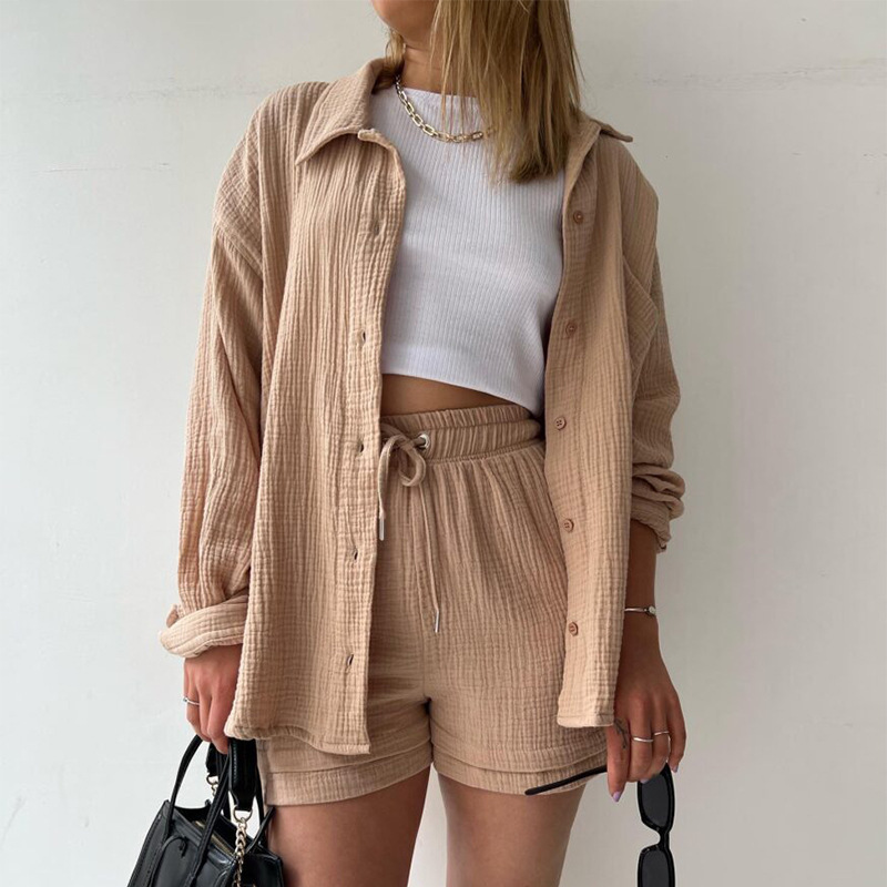2023 European and American Women's Wrinkled Lapel Long Sleeve Shirt High Waist Drawstring Shorts Fashion Casual Two-Piece Set_voghion.com