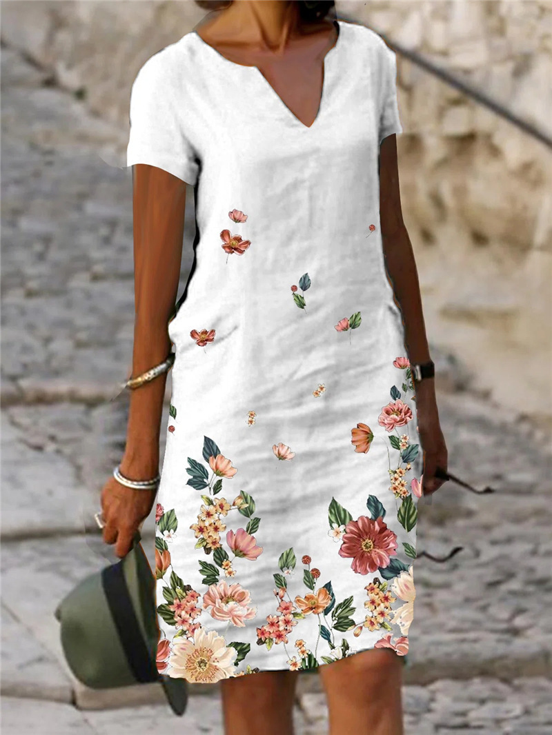 2023wish Amazon cross-border independent station hot flower printed cotton and linen short sleeve mid-length V-neck dress