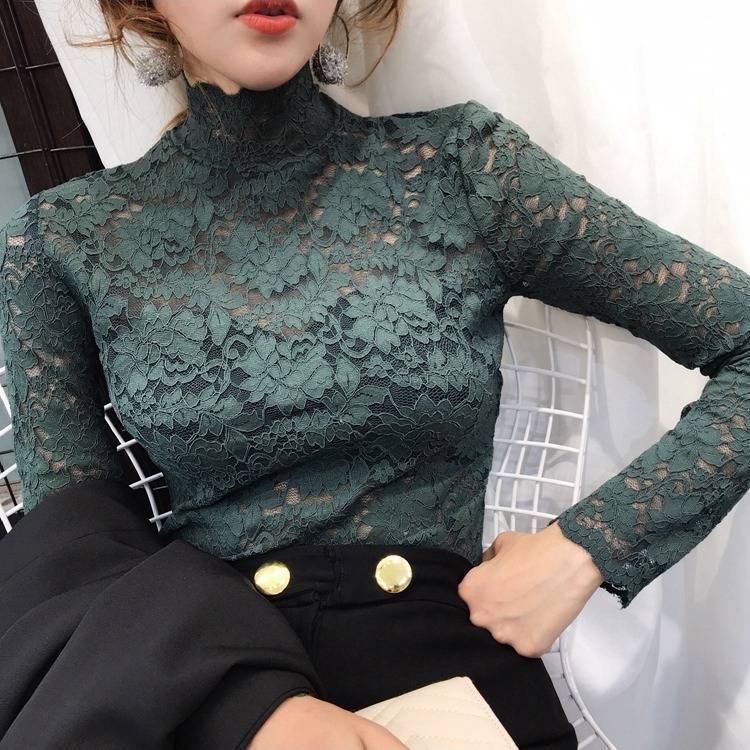 2023 new lace bottoming shirt women's autumn and winter long sleeve Western style inner top elegant slim sexy lace shirt fashion