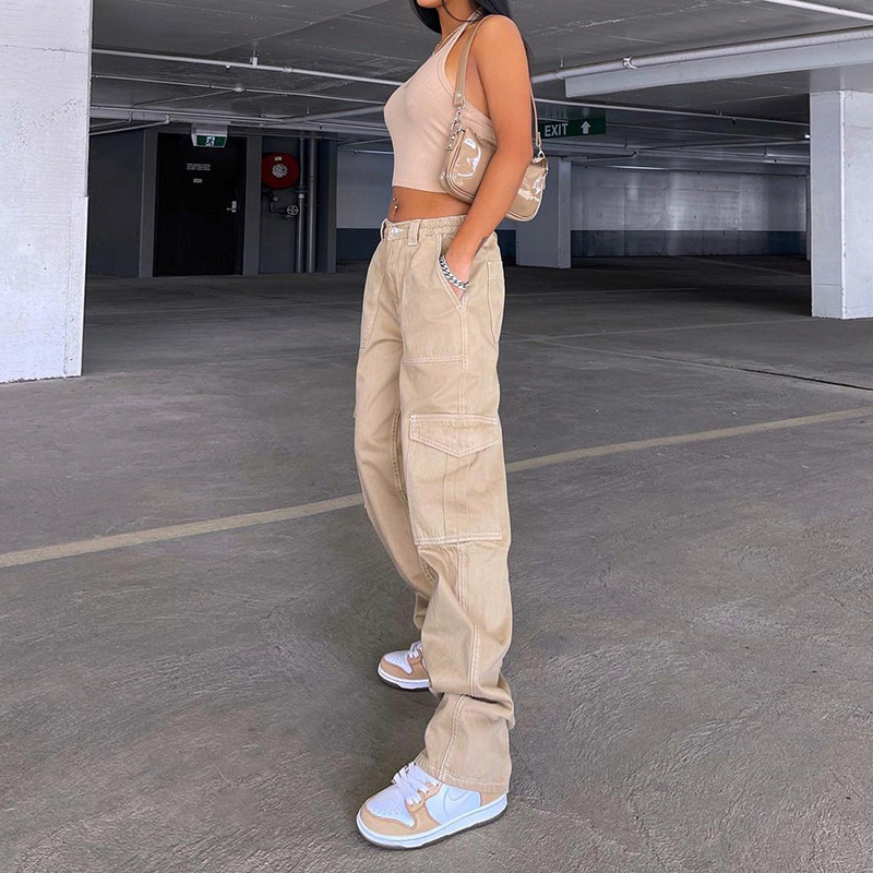 European and American Women's Street Fashion Multi-Pocket Workwear Straight Pants High Waist Slimming Loose Khaki Jeans Women