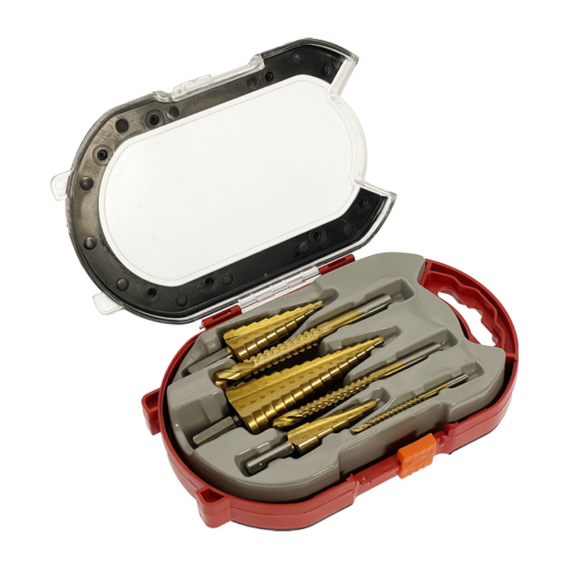 Titanium-plated step drill set with triangular shank drill bit 6PCs pagoda drill woodworking pull groove serrated drill set 4241 high speed steel