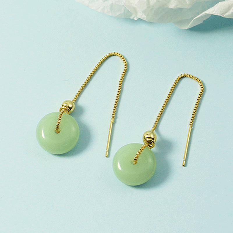Hetian Jade Safe Buckle Ear Line Women's Hanfu Ancient Costume Moisture Texture Slim Long Tassel Gold-plated Jasper Earrings