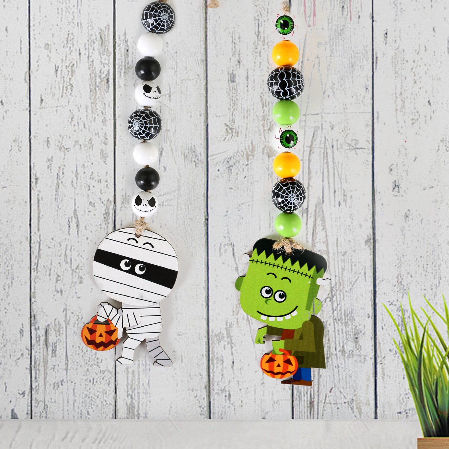 Halloween Wooden Bead String Tassel DIY Ghost Black Cat Hangtag Tassel Party Carnival Decoration Pendant Beaded Hanging