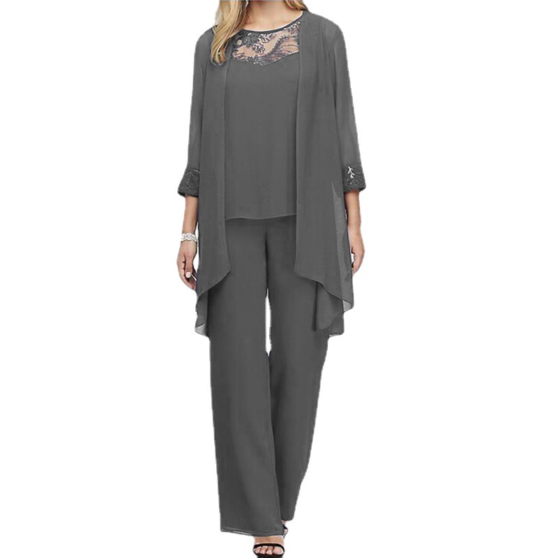 Fashion Suit Crewneck Lace Stitching Chiffon Cardigan Straight Pants Three-piece Suit Women