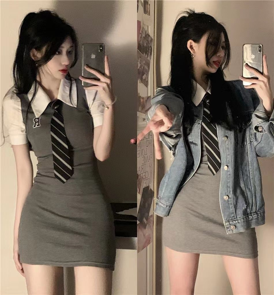 jk pure desire polo tie fake two-piece short sleeve waist slimming slim tight sheath college style dress women's summer