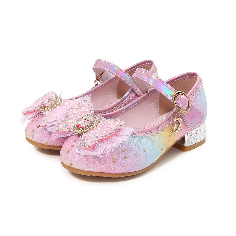 Children's High Heels Aisha Princess Shoes Girls Spring and Autumn New Rainbow Crystal Shoes Small Leather Shoes Little Girl Shoes