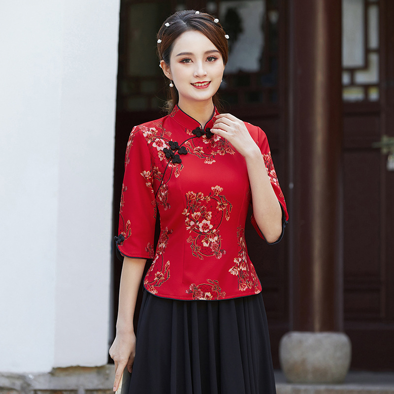 Spring and Summer New Tang Suit Retro Improved Cheongsam Suit Chinese Hanfu Ethnic Chinese Style Top Women's Performance Costume