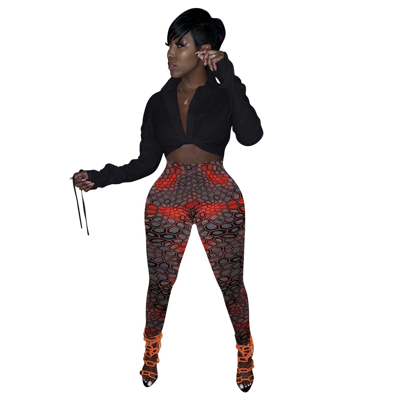 FE197 Special Price No Return No Change European and American Women's Clothing Amazon suit Fashion Sexy Tight Printed Two-Piece Set