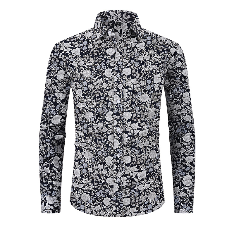 Men's New Printed Foreign Trade Shirt Spring and Summer Cross-border Lapel Long-sleeved Loose American Size Men's Large Size Shirt Men's Autumn