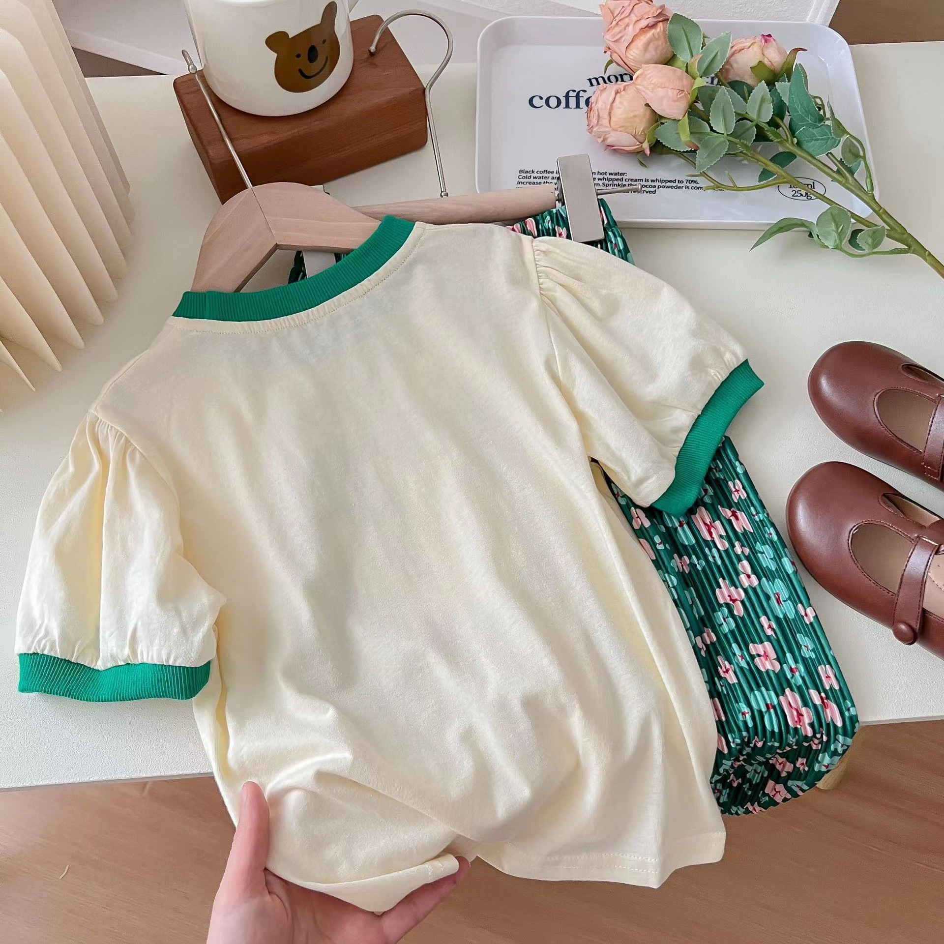 Children's Set 2023 New Style Cotton Girl's Cartoon T-shirt Cute Baby Floral Anti-mosquito Pants Korean Casual Set