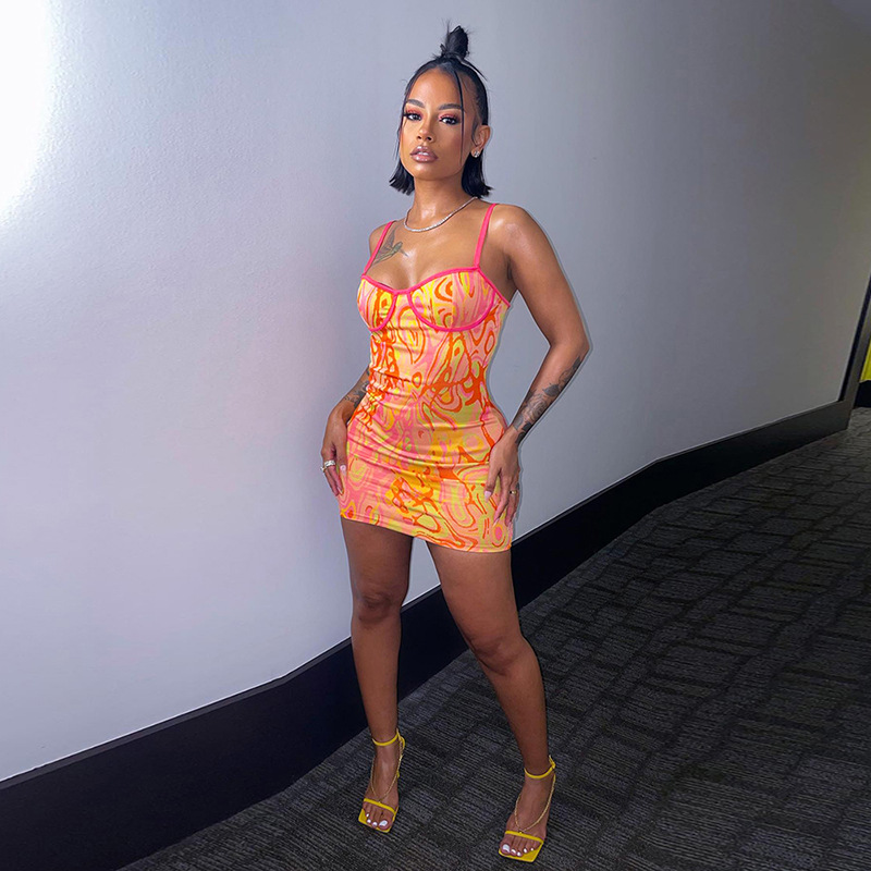 European and American style 2023 spring and summer new European and American women's fashion sexy hot girl suspender backless printed slim dress