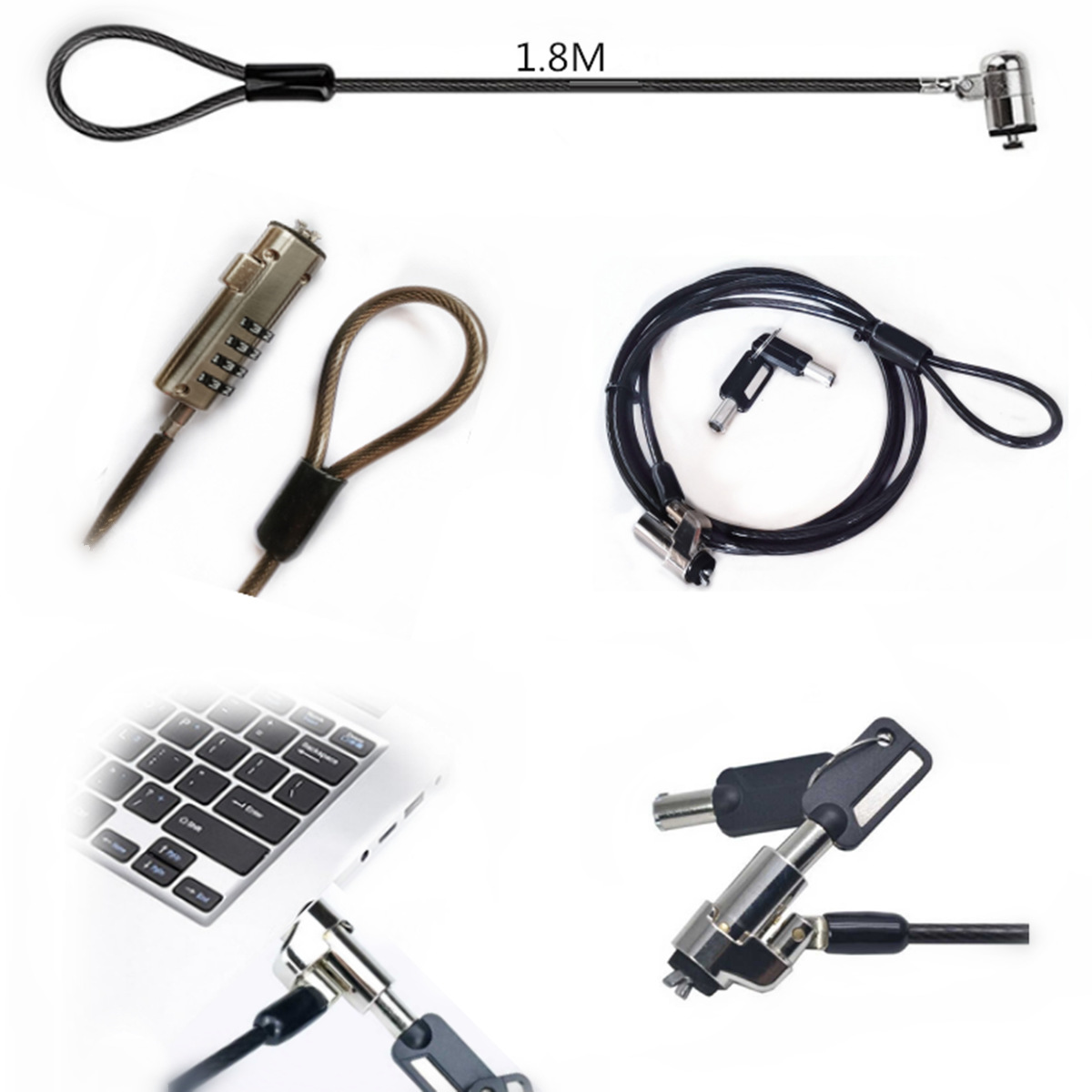 Zinc alloy laptop lock security anti-theft lock with management key 6*2.5mm black steel wire rope 1.8 meters