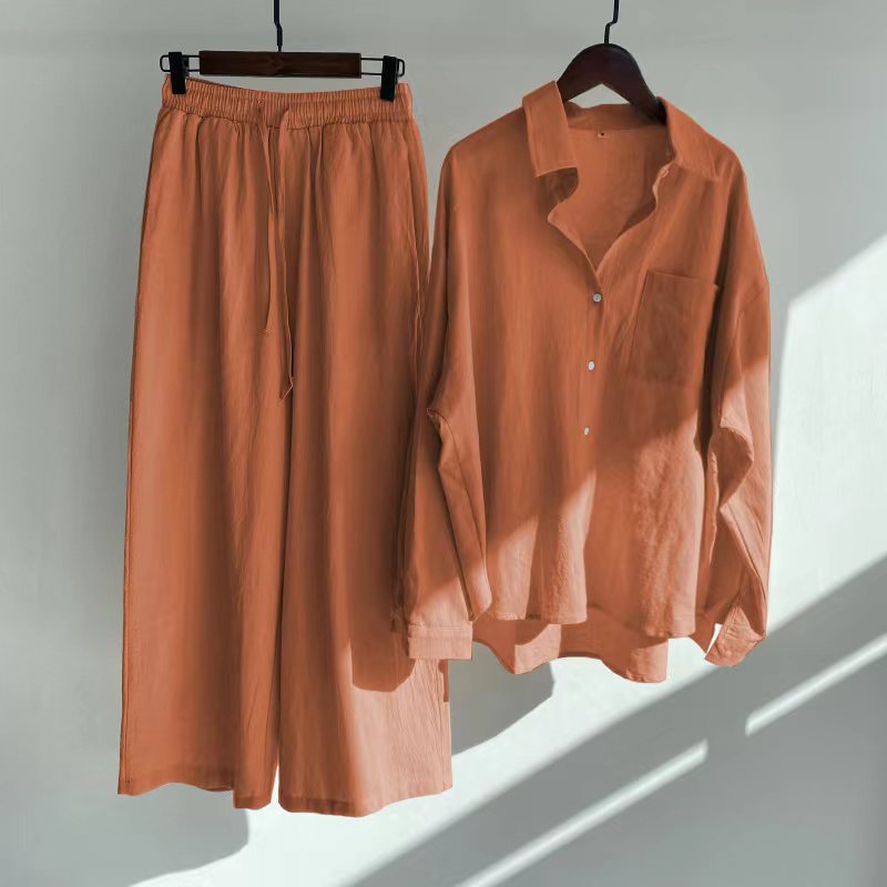 Cross-border  Women's 2-piece Vintage Plus Size 2022 Cotton and Linen Shirt Set High Waist Loose Trousers_voghion.com