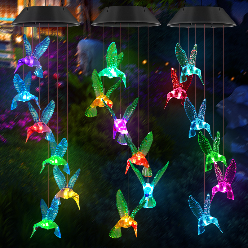 Cross-border new solar wind chime light led outdoor colorful luminous Dragonfly butterfly hummingbird decorative chandelier