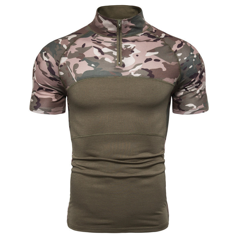Cross-border 2021 Summer Outdoor Short-sleeved Slim-fit Camouflage Casual Sports Collar Zipper Youth Tactical T-shirt