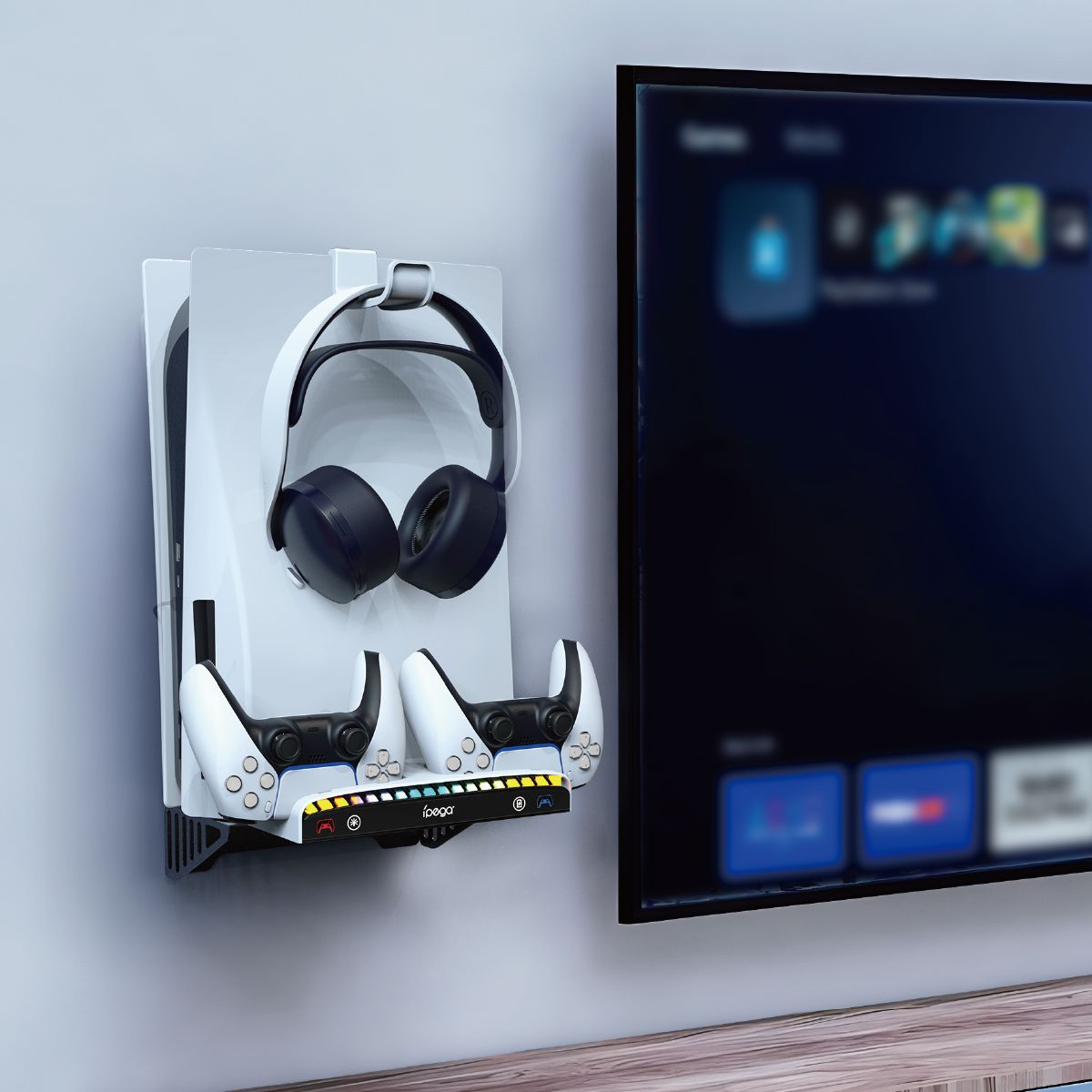 PS5 Slim/P5 host wall-mounted base cooling fan P5 game handle charger + disc headset storage rack