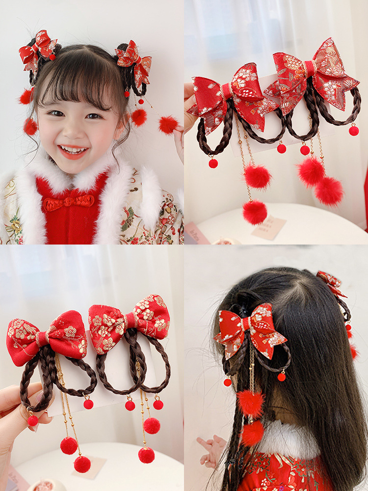 Neue Jahr Chinesischen stil baby perücke geflecht kinder antike haarnadel bogen haar zubehör Chinesische kleidung kopfschmuck großhandel_voghion.com