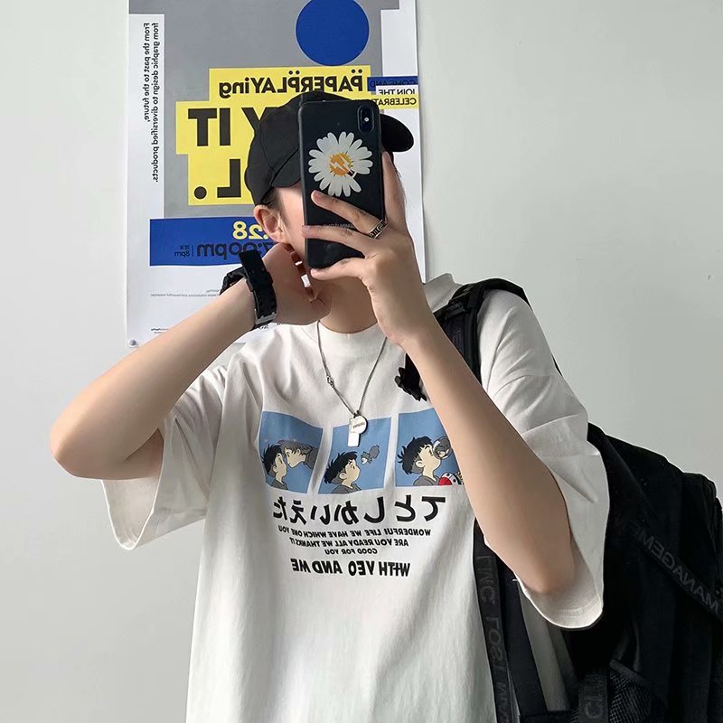 Trendy Brand Hong Kong Style Cartoon T-shirt Men's Trendy Loose Blue Short-sleeved 2021 Summer New Style Men's T-shirt Clothes ins