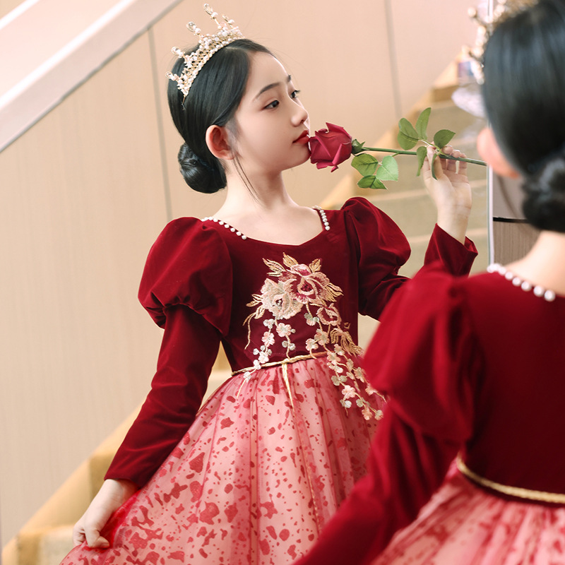 Girls' velvet evening dress host dress Princess dress autumn violin performance dress piano performance dress