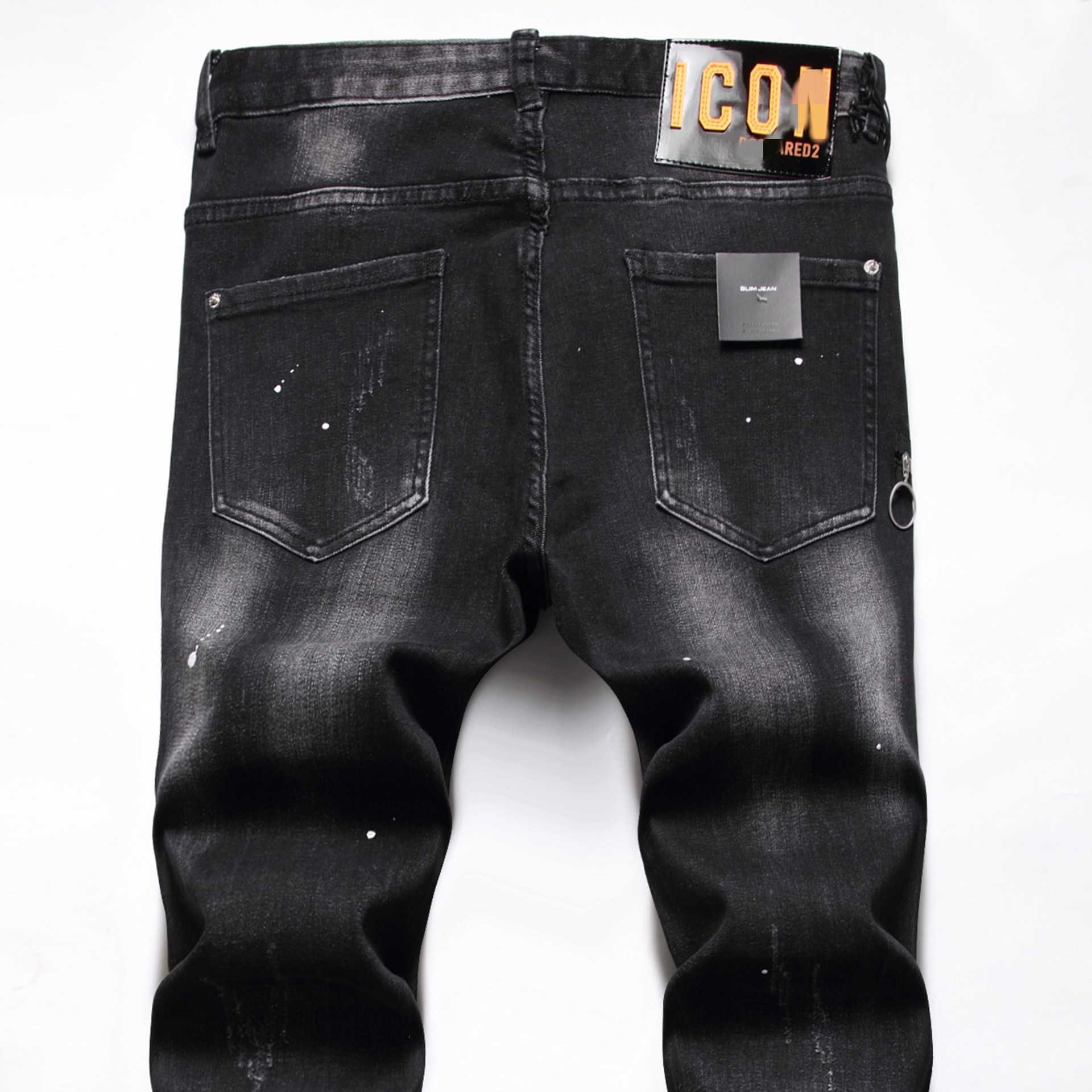 European and American fashion brand ripped embroidered loose line inner zipper decoration digital color printing slim stretch jeans for men