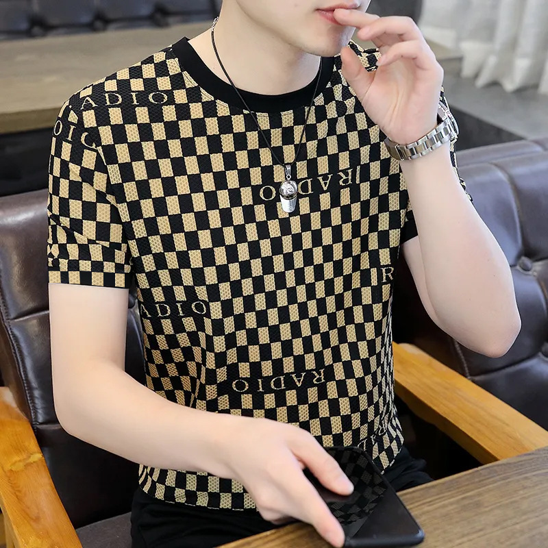 Short-sleeved T-shirt Men's Ice Silk Modal European Quick-drying Fashionable Printed ins Half-sleeved T-shirt TikTok Explosions Men's Wear