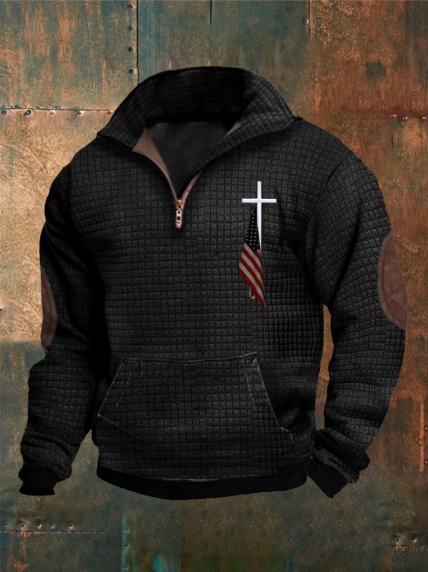 2023 Amazon men's casual fashion zipper collar waffle print sweater