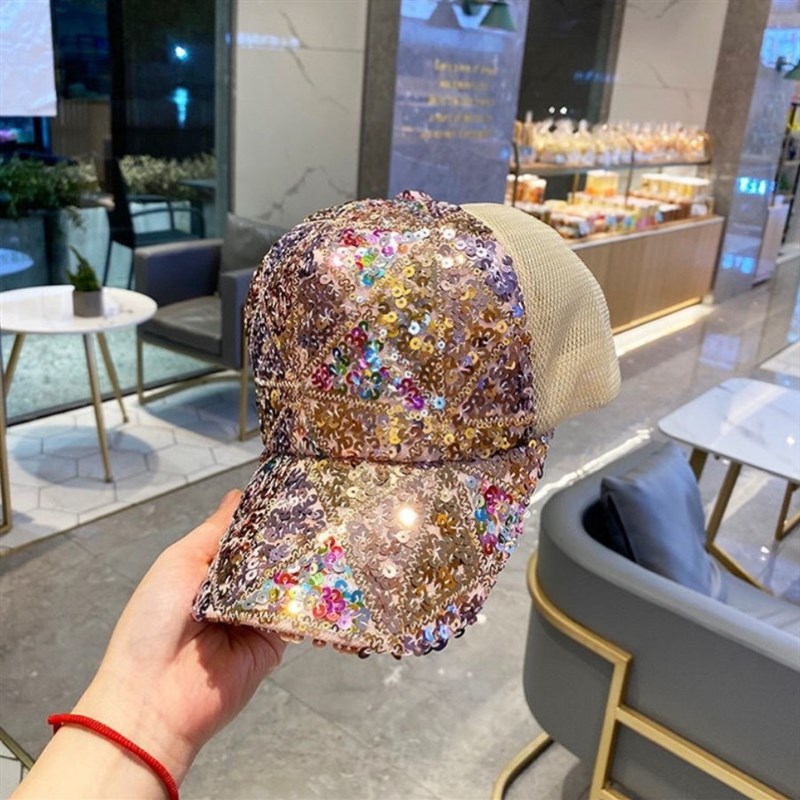 Hat female South Korea colorful sequined peaked cap q summer breathable mesh baseball cap youth travel shopping sunshade