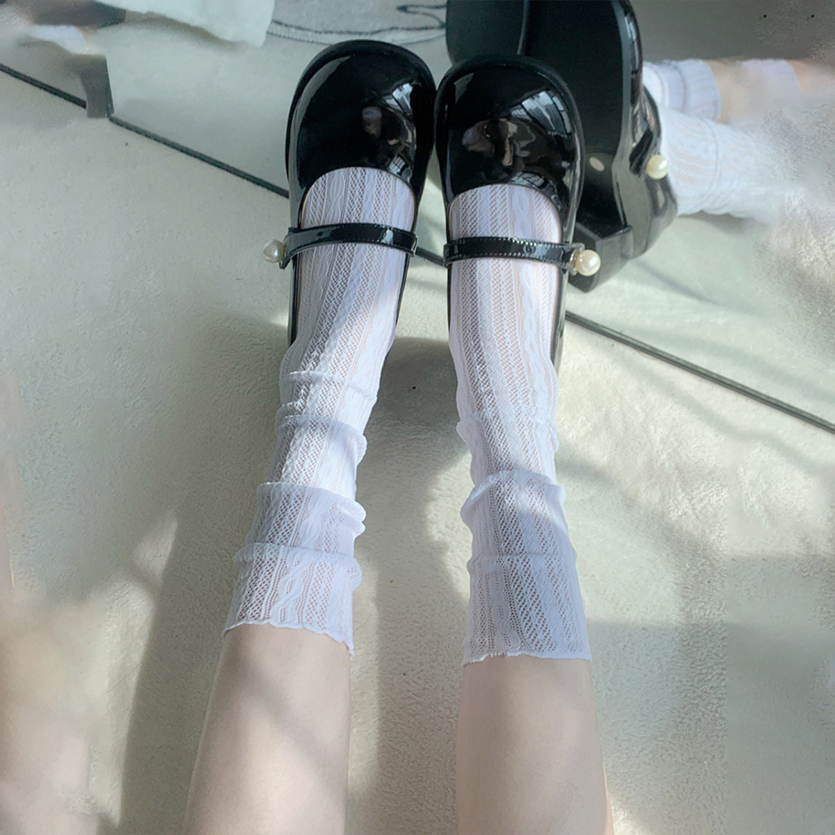 Calf socks white women's summer transparent thin lace mesh socks ins striped pile socks Japanese style mid-length all-matching
