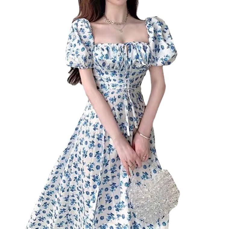 Blue Floral Dress Women's 2023 Summer New Long Split Long Dress Elegant Design Tea Break French Dress