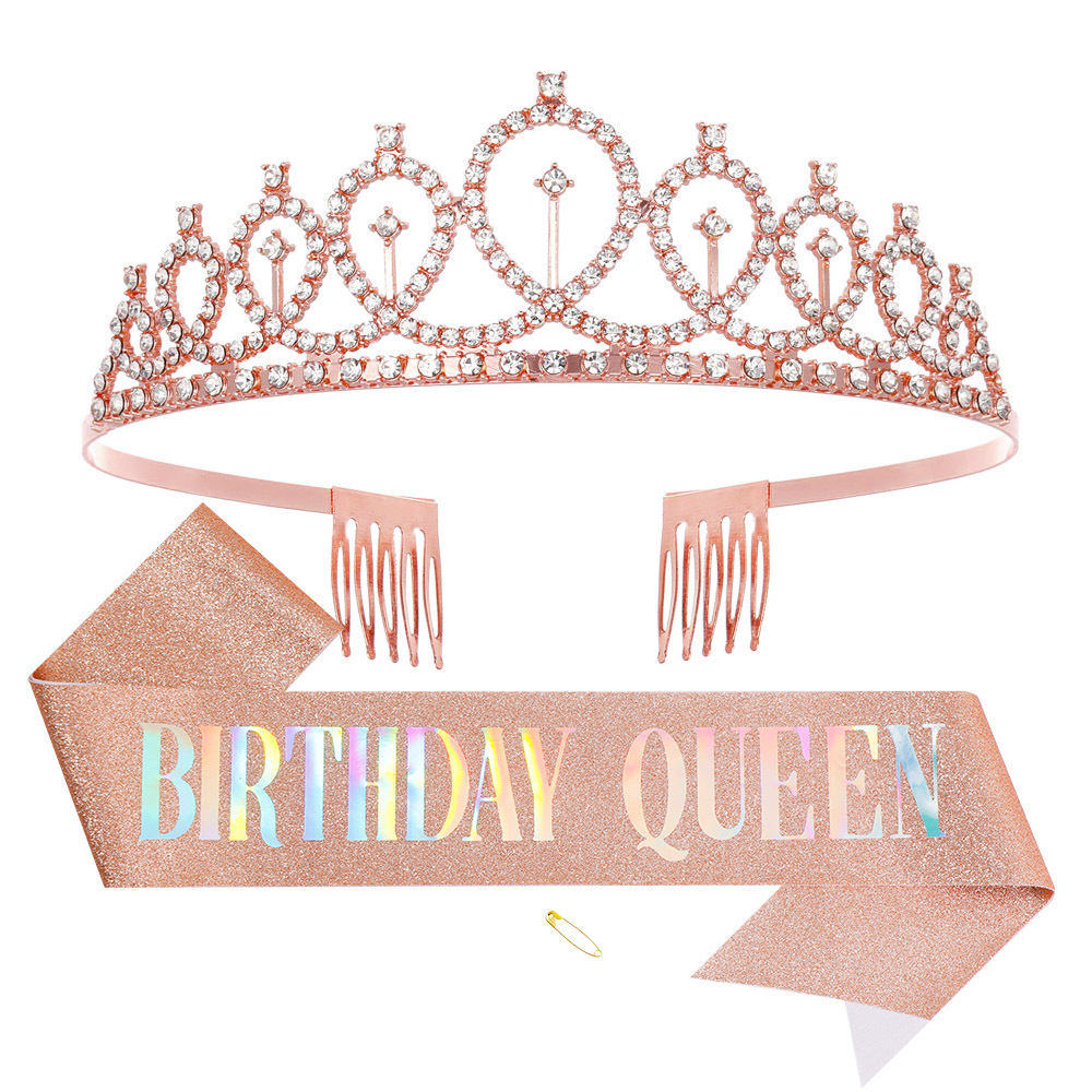 Spot Birthday Shiny Crown Girl Rhinestone Hair Band Belt Queen Etiquette Belt Birthday Decoration Party Supplies