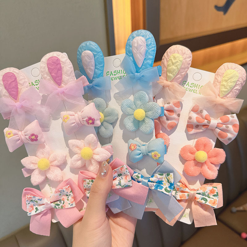 蝴蝶結髮夾布藝刺繡花朵發卡女童劉海夾不傷發卡通兔耳朵碎髮夾