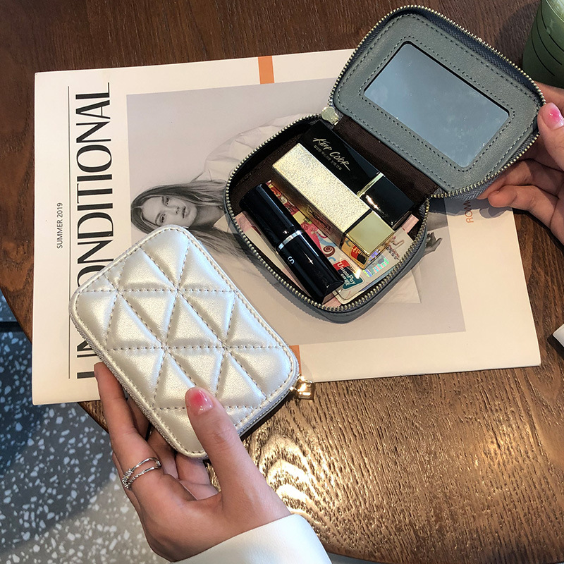Sheepskin genuine leather mouth red envelope 2022 new compact Mini Portable with mirror makeup small bag cosmetic bag