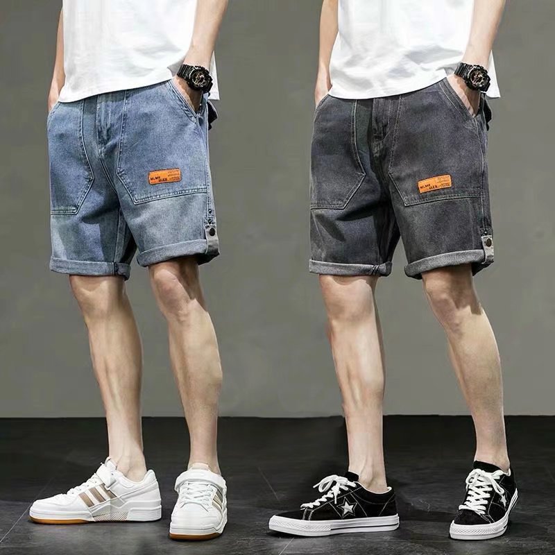 Denim shorts men's trendy loose shorts casual plus size elastic waist ripped Korean style outer wear shorts flow