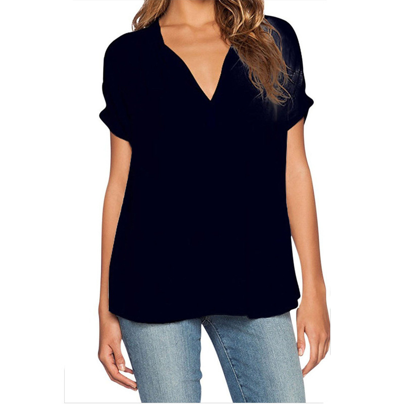 2017 Summer European and American Fashion New Women's V-neck Short Sleeve Front Short Back Long Loose Chiffon Shirt Top Shirt Women's