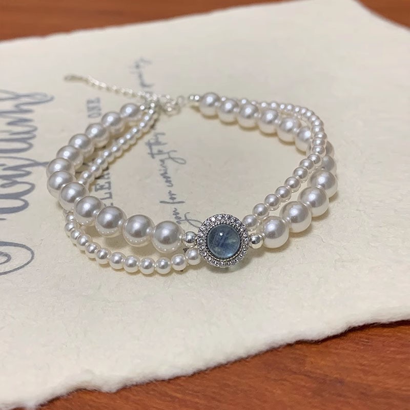 s925 Silver Aquamarine Shijia Pearl Bracelet Women's High-end Niche Beading Temperament Double-layer Bracelet Hand Accessories Wholesale