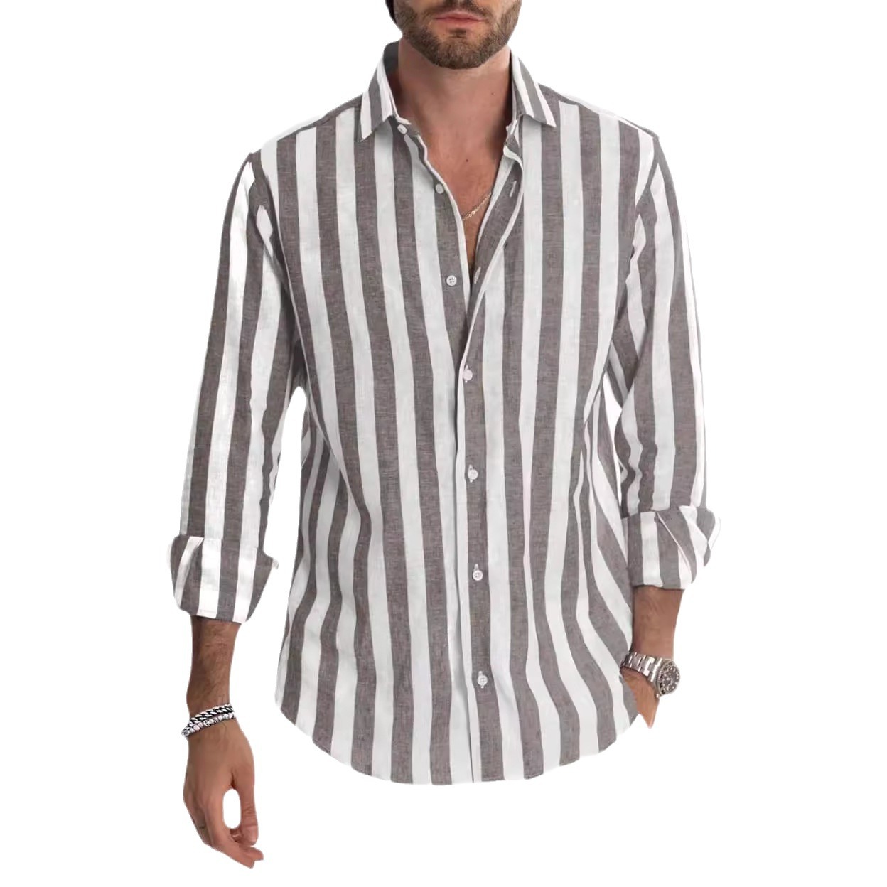 2023 cross-border Europe and the United States new Amazon AliExpress foreign trade long sleeve lapel striped shirt loose shirt men