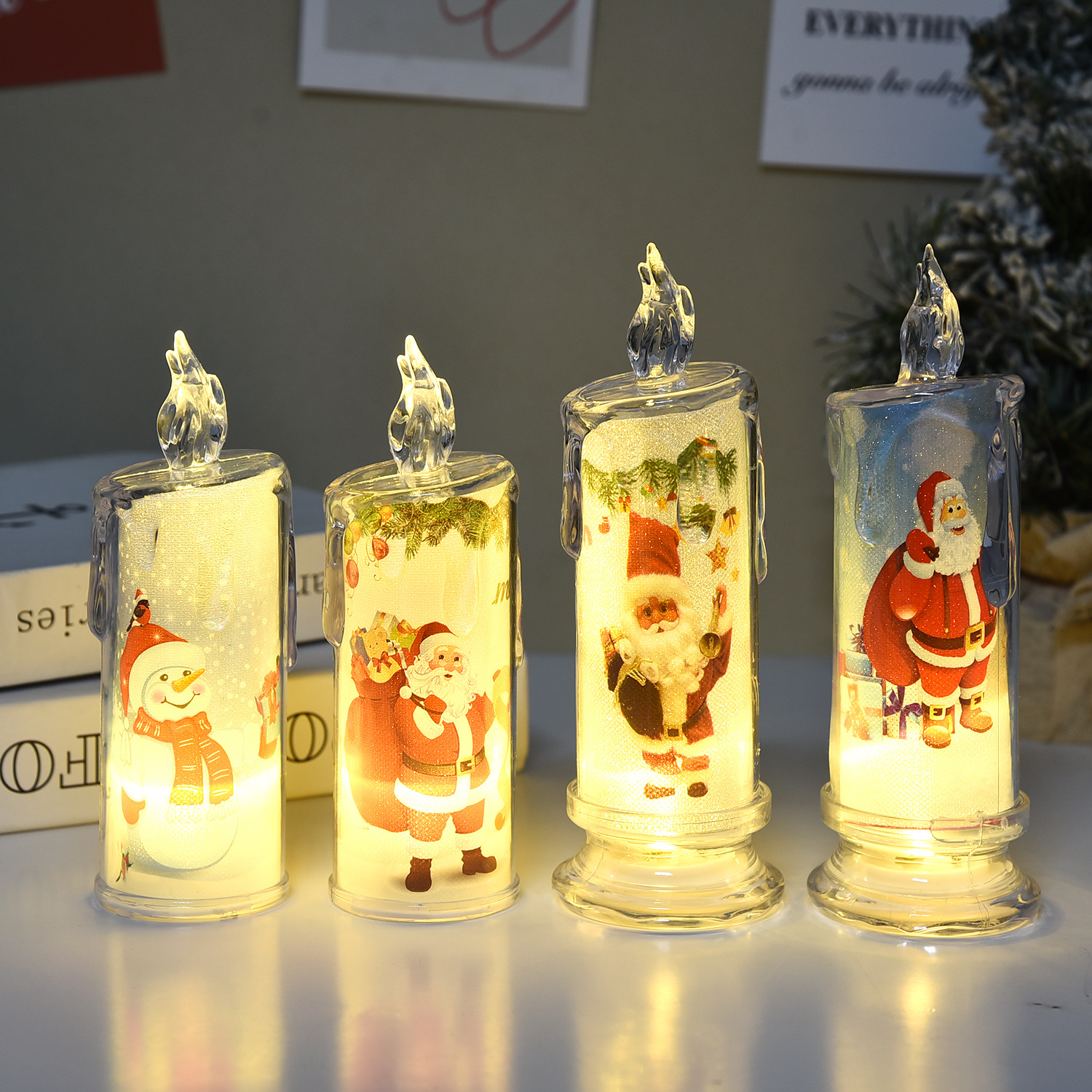 Christmas Candle Light Simulation Candle Atmosphere Light Built-in Printed LED Candle Light Electronic Holiday Decoration Ornaments