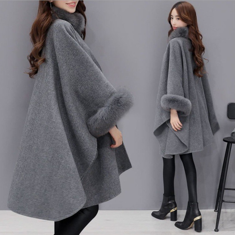 Autumn and Winter large rabbit fur collar mid-length woolen overcoat elegant Cape shawl Hepburn style woolen plus size overcoat for women_voghion.com