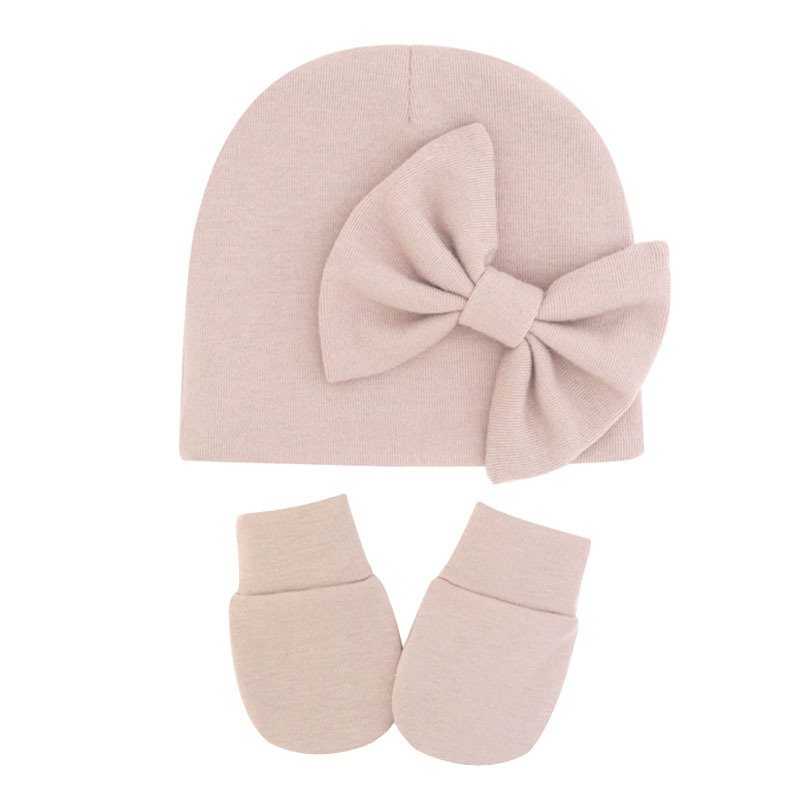 2022 new autumn and winter New Baby bow hat anti-scratch gloves set thick baby fetal cap 0-6 months
