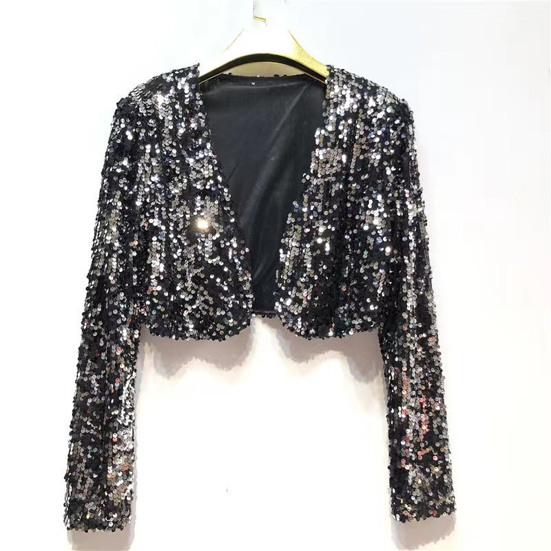 European and American Foreign trade sequined short all-match long-sleeved short coat women's fashion sequined small suit top cardigan performance clothing