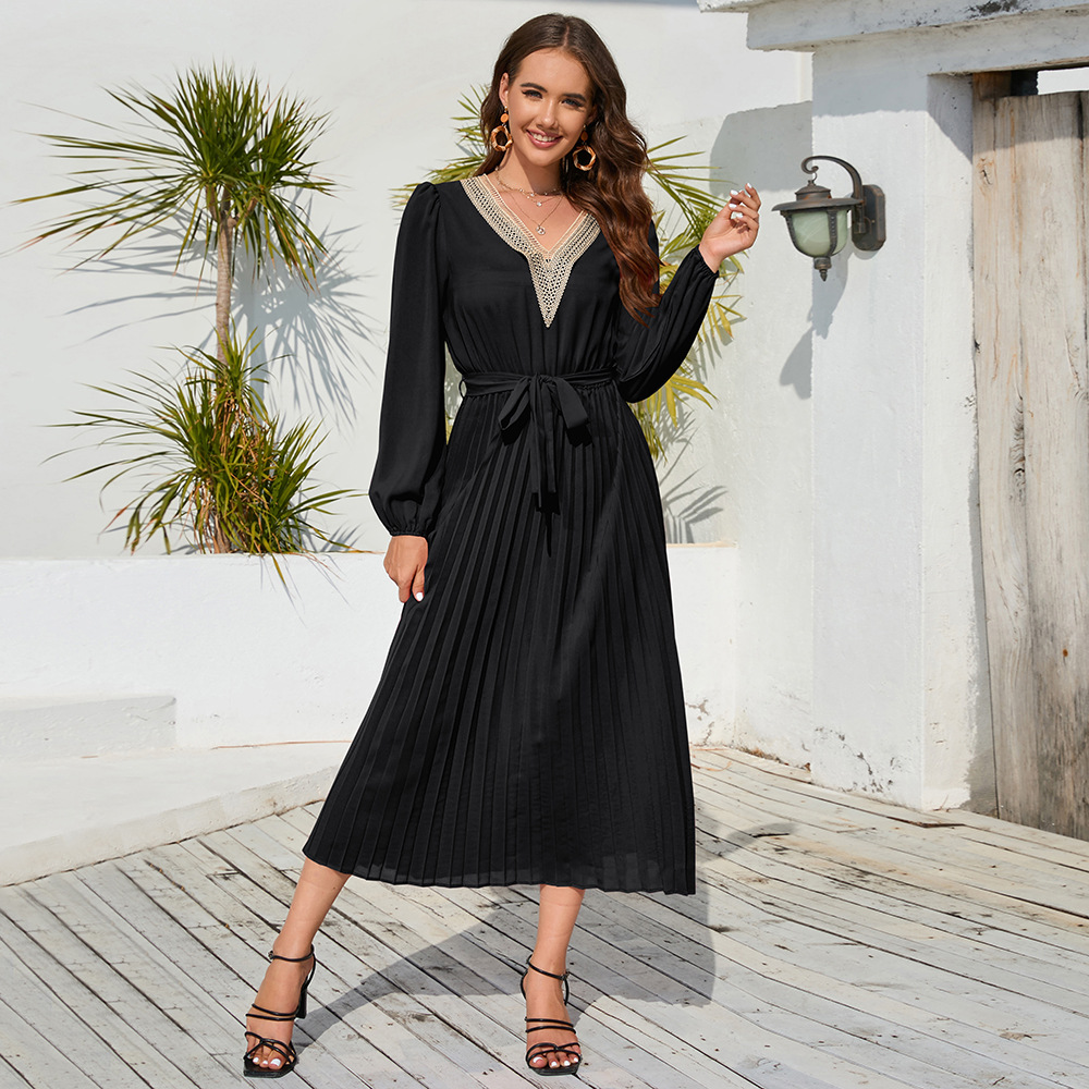 Autumn and winter women's clothing new fashion slim temperament V-neck lace pleated dress mid-length A- line skirt Amazon popular
