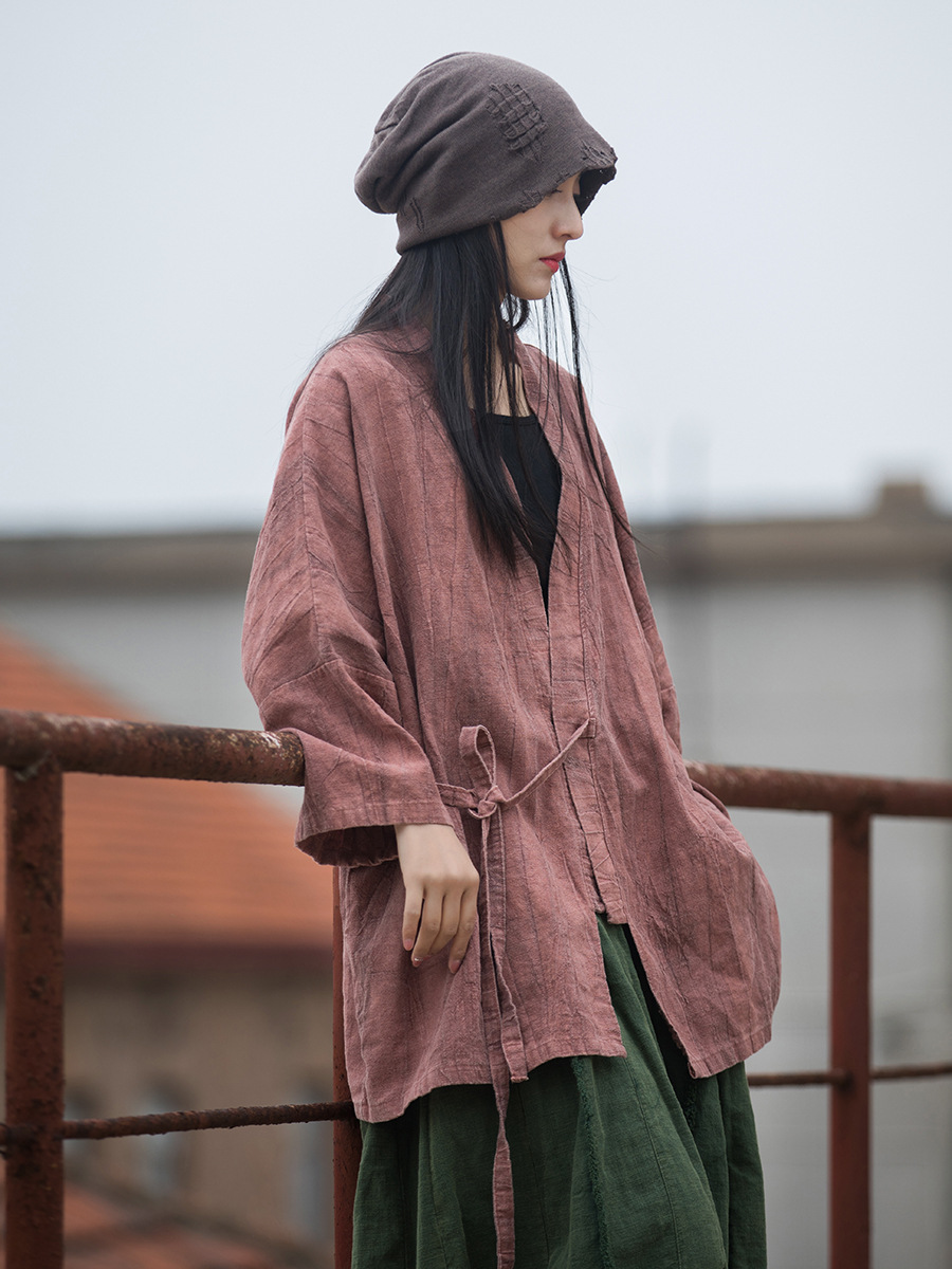 Ramie Tie-dyed Folding Old 24 Spring Cotton and Linen Women's Clothing New Style Slant Placket Lace-up Shirt Zen Style Wandering Style Women's Coat