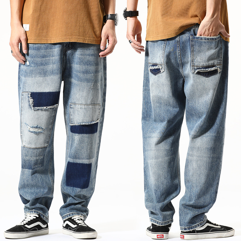 American Retro Ripped Jeans Men's Loose Straight Casual Pants Trendy Brand Patch Nine-point Torre Pants Large Size Men