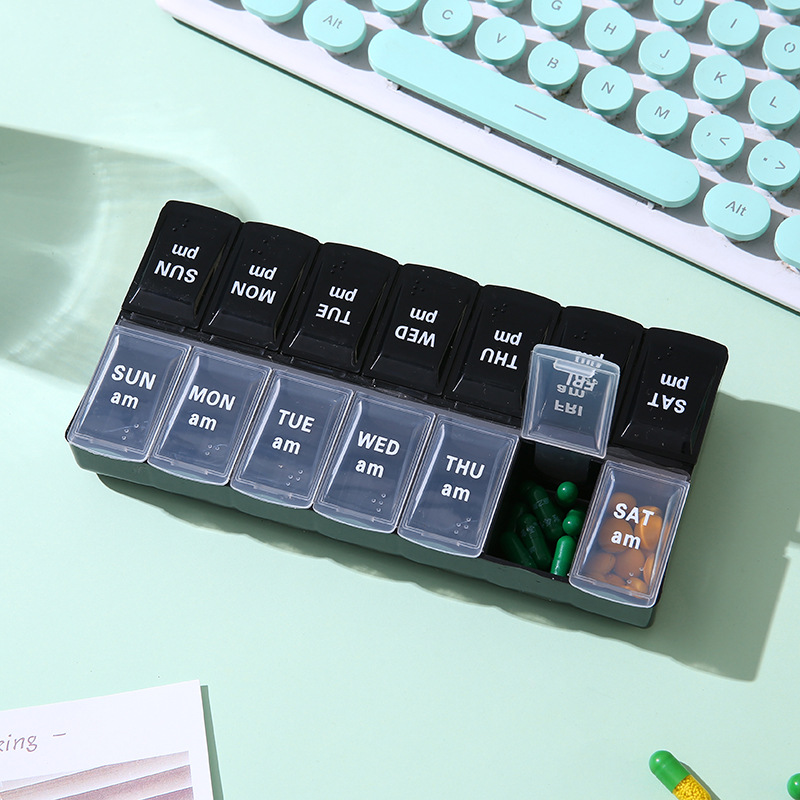 Cross-Border double-row 14-grid medicine box with Braille seven days a week morning and evening medicine sub-packaging storage small medicine box can be printed logo