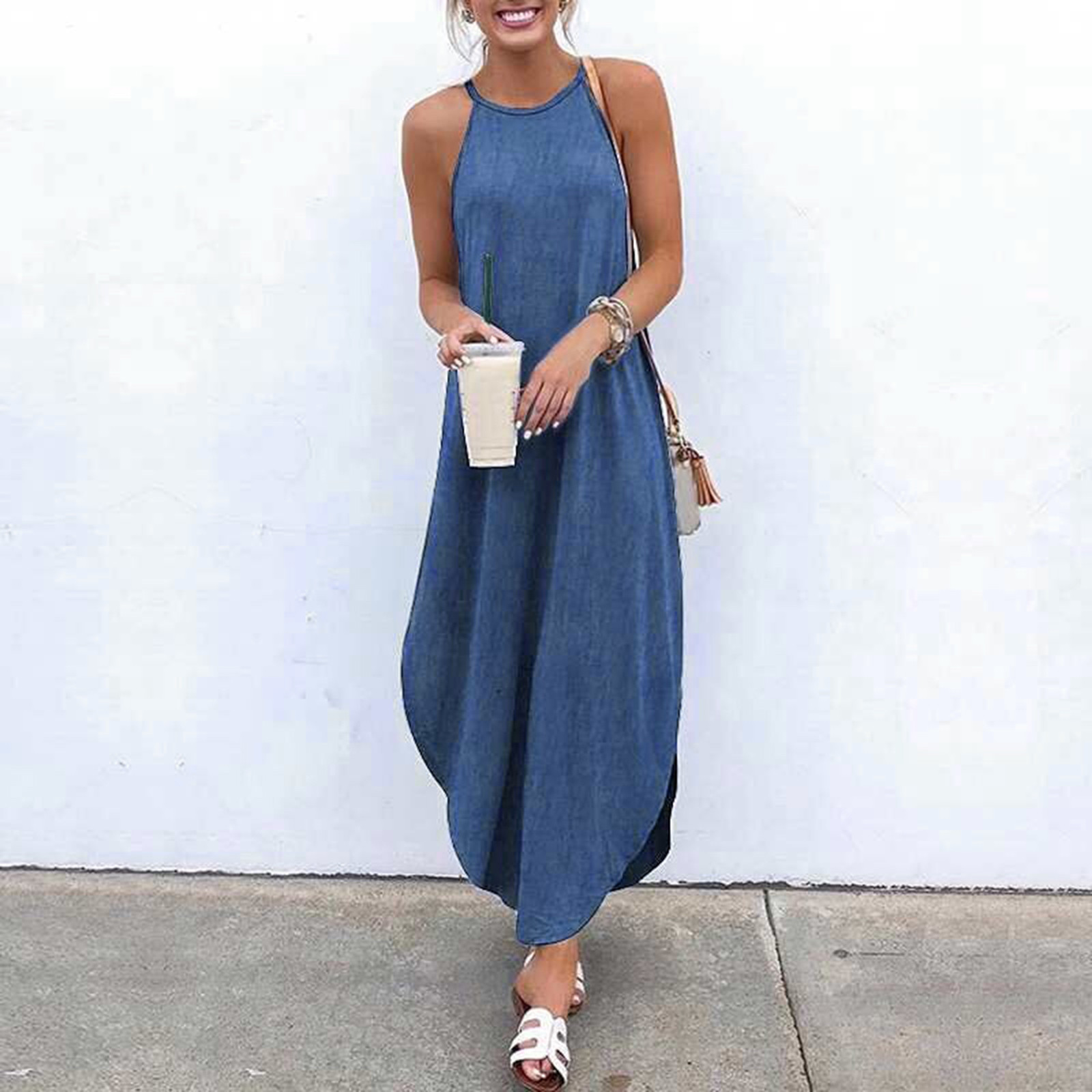 2021 Amazon summer new wash water denim irregular ladies sexy suspender dress spot